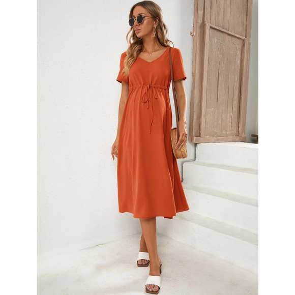 Maternity Drawstring Waist short sleeve midi Dress tan - Picture 9 of 11